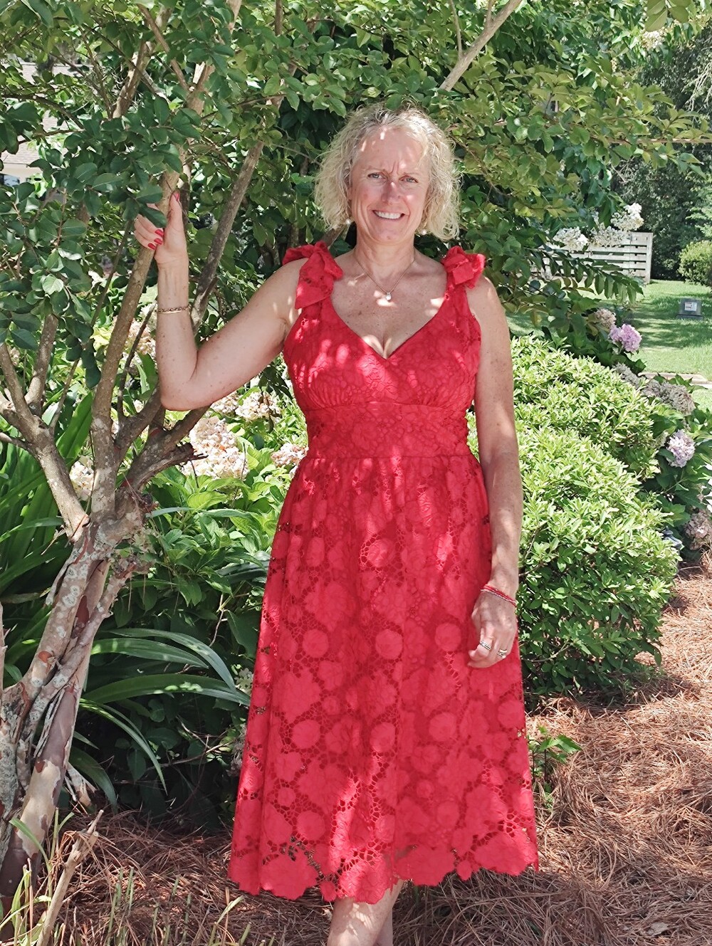 Large Red Lace Tie-Shoulder Midi Dress